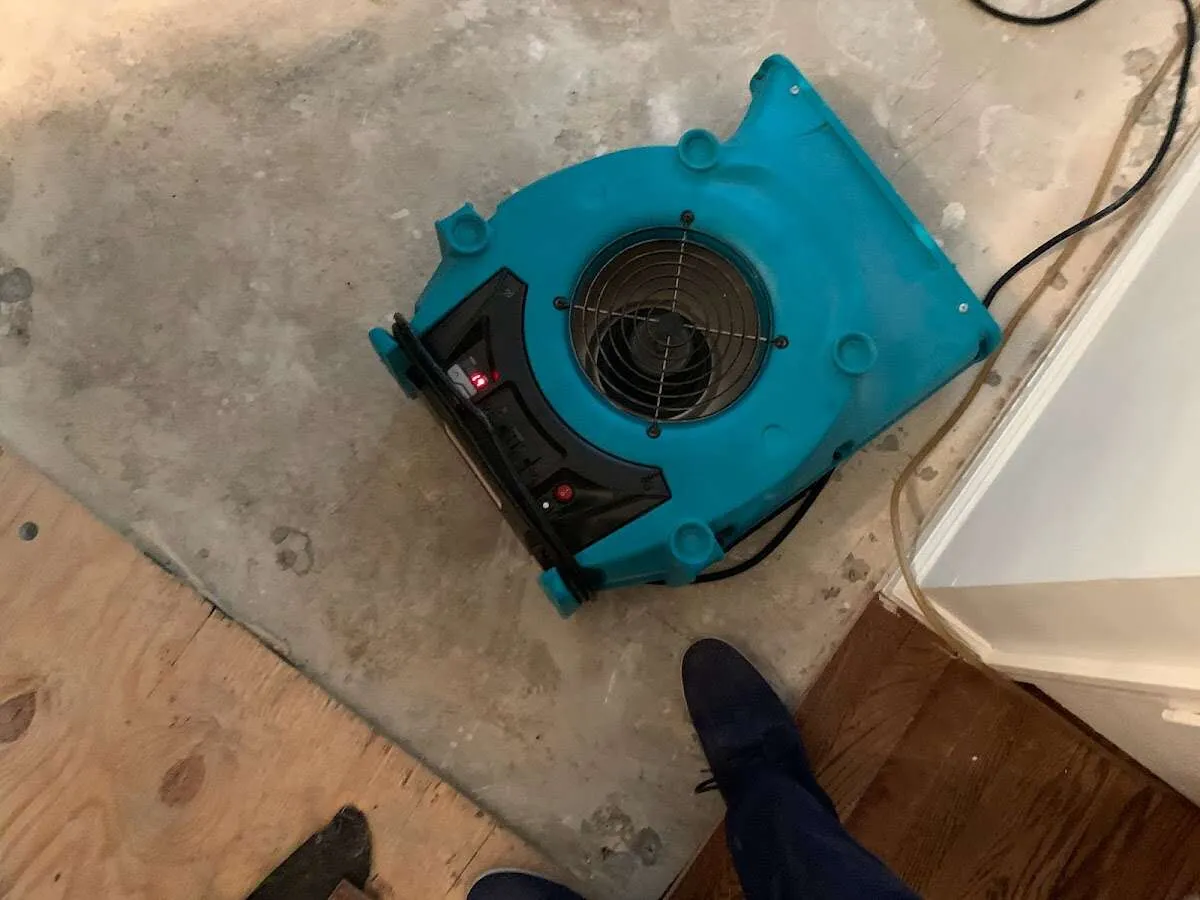 Air mover drying subfloor during Commercial Water Damage Restoration in Arcadia